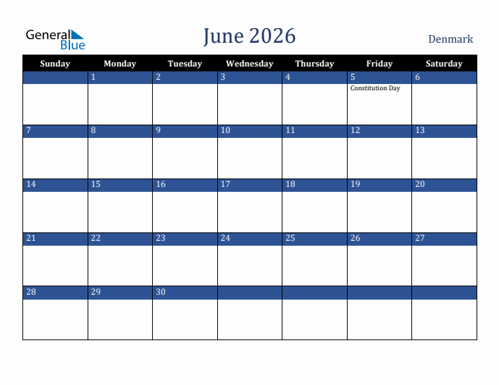 June 2026 Denmark Calendar (Sunday Start)