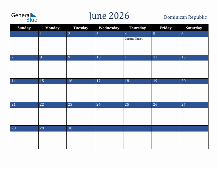June 2026 Dominican Republic Calendar (Sunday Start)