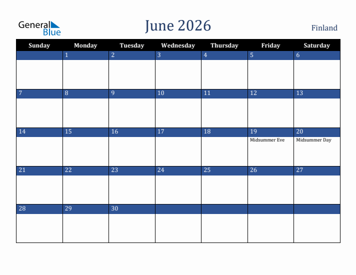 June 2026 Finland Calendar (Sunday Start)