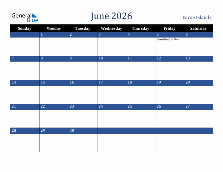 June 2026 Faroe Islands Calendar (Sunday Start)