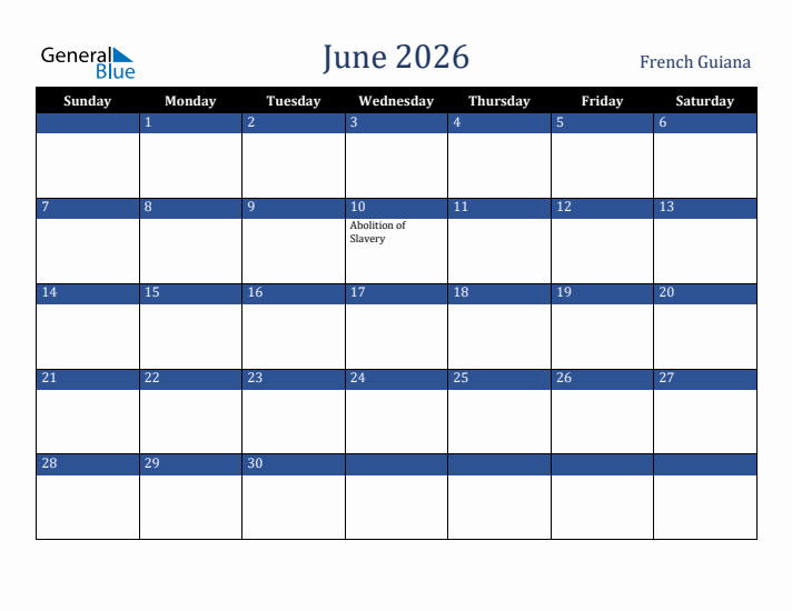 June 2026 French Guiana Calendar (Sunday Start)