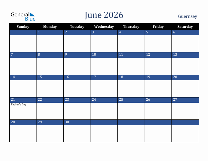 June 2026 Guernsey Calendar (Sunday Start)