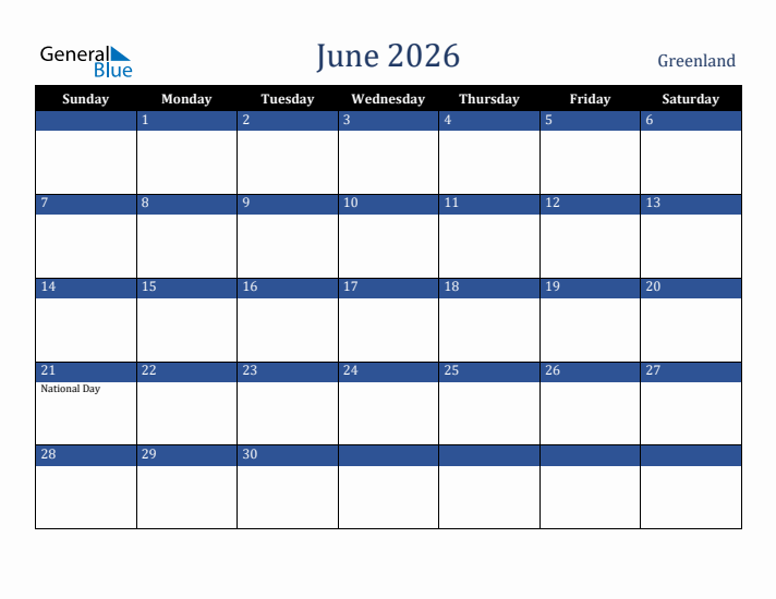 June 2026 Greenland Calendar (Sunday Start)