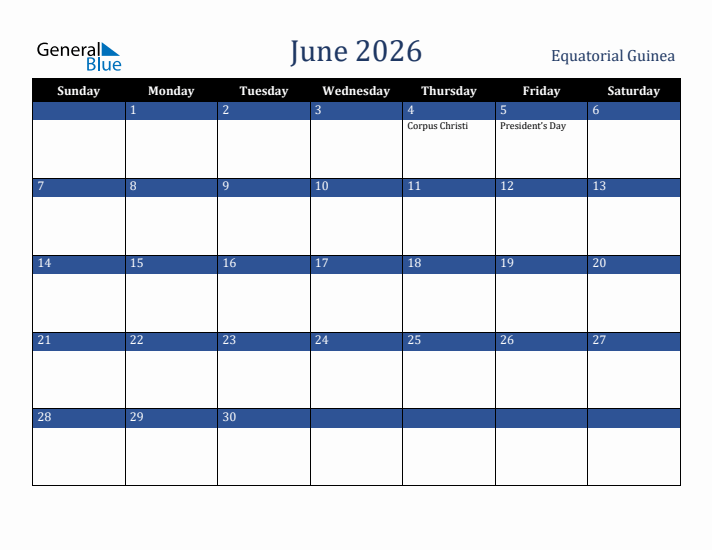 June 2026 Equatorial Guinea Calendar (Sunday Start)