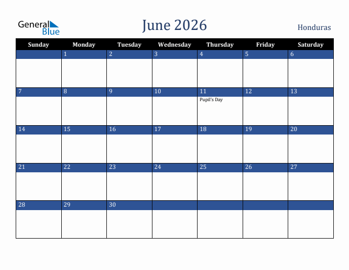 June 2026 Honduras Calendar (Sunday Start)