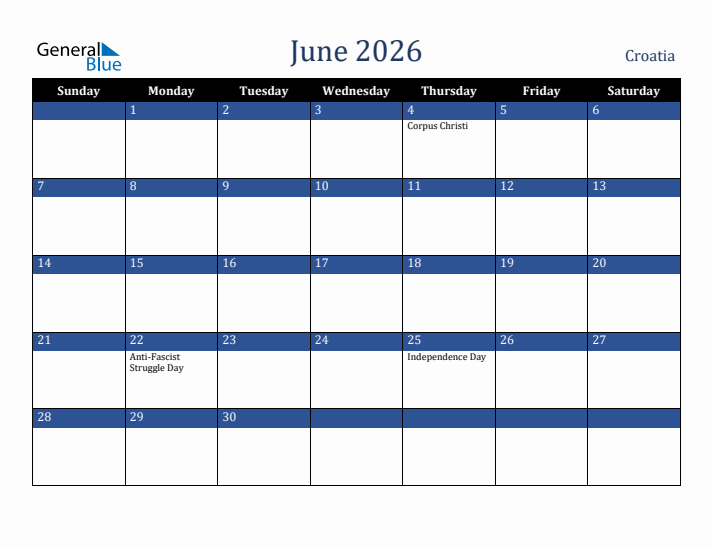 June 2026 Croatia Calendar (Sunday Start)
