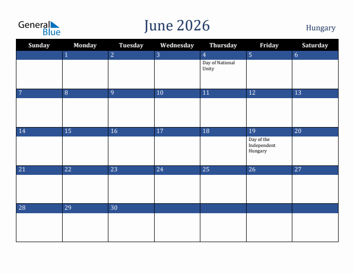 June 2026 Hungary Calendar (Sunday Start)