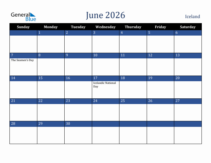 June 2026 Iceland Calendar (Sunday Start)
