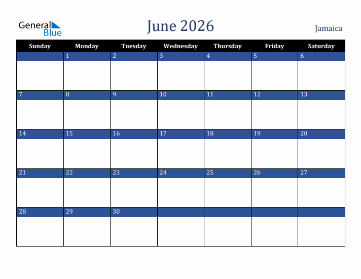 June 2026 Jamaica Calendar (Sunday Start)