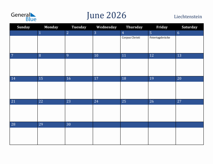 June 2026 Liechtenstein Calendar (Sunday Start)