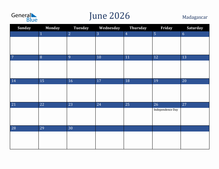June 2026 Madagascar Calendar (Sunday Start)