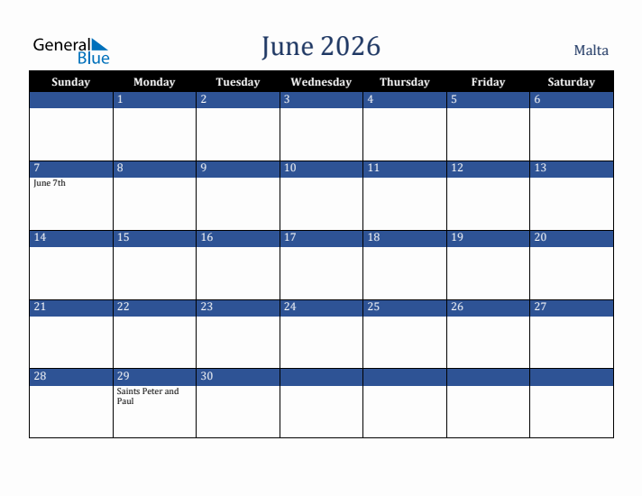 June 2026 Malta Calendar (Sunday Start)