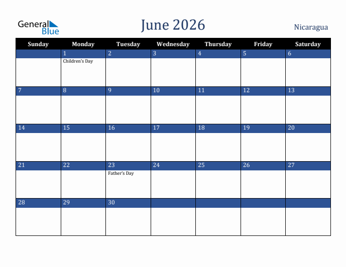 June 2026 Nicaragua Calendar (Sunday Start)