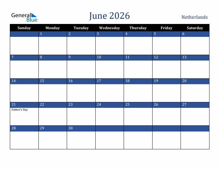 June 2026 The Netherlands Calendar (Sunday Start)