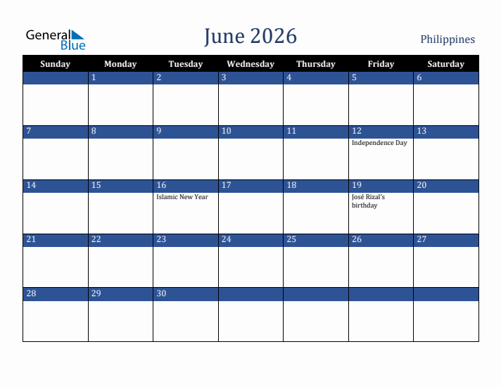 June 2026 Philippines Calendar (Sunday Start)
