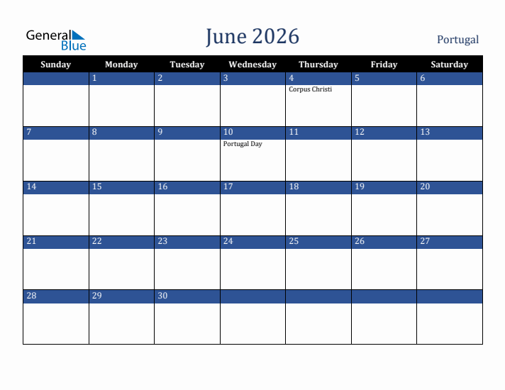 June 2026 Portugal Calendar (Sunday Start)