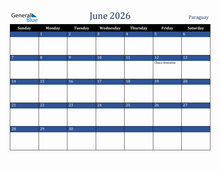 June 2026 Paraguay Calendar (Sunday Start)