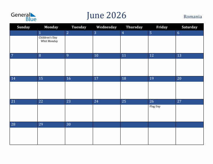 June 2026 Romania Calendar (Sunday Start)