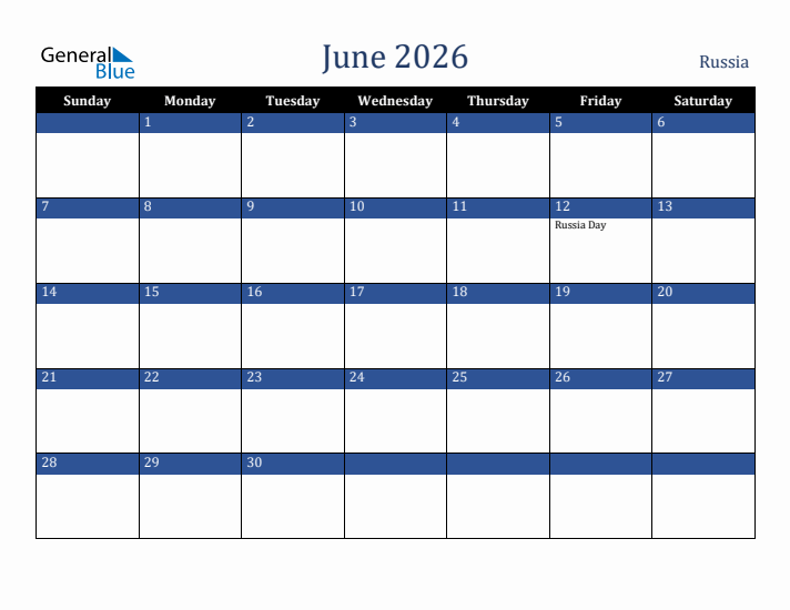June 2026 Russia Calendar (Sunday Start)