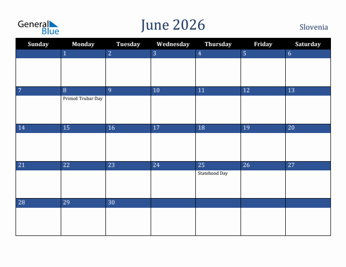 June 2026 Slovenia Calendar (Sunday Start)