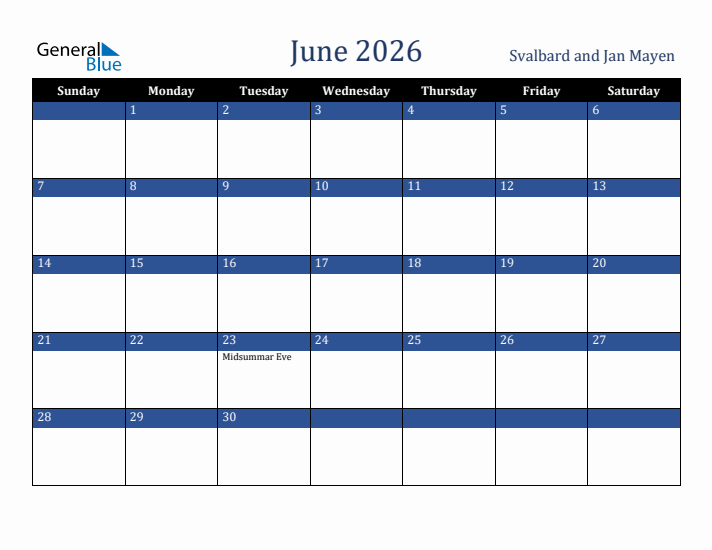 June 2026 Svalbard and Jan Mayen Calendar (Sunday Start)