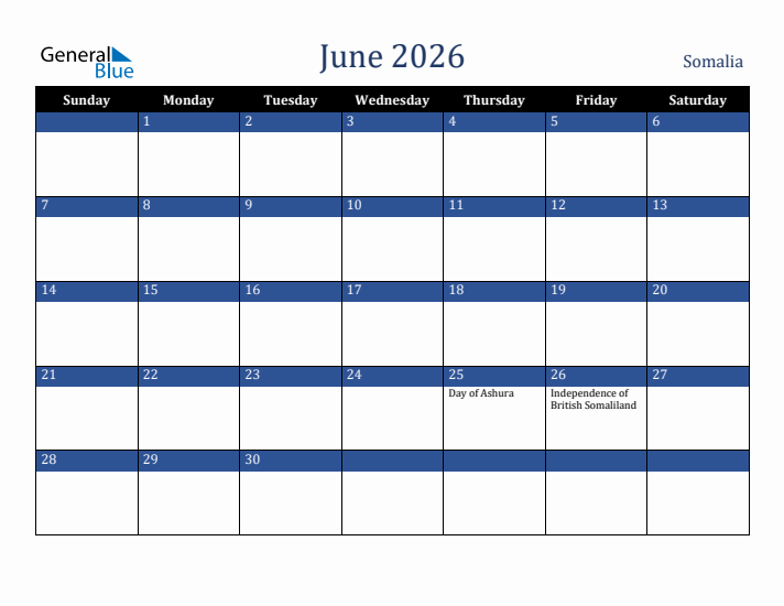 June 2026 Somalia Calendar (Sunday Start)
