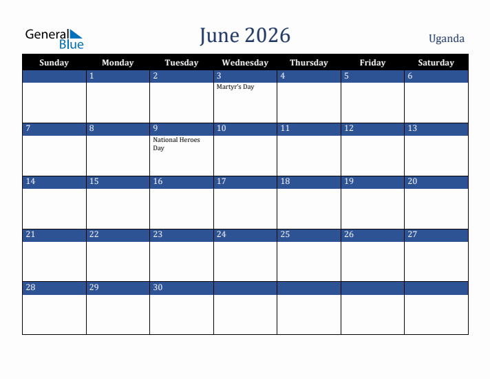 June 2026 Uganda Calendar (Sunday Start)