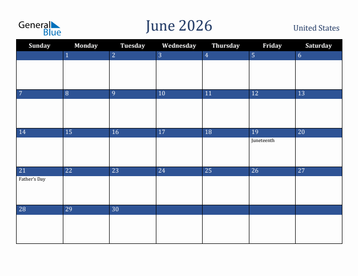 June 2026 United States Calendar (Sunday Start)