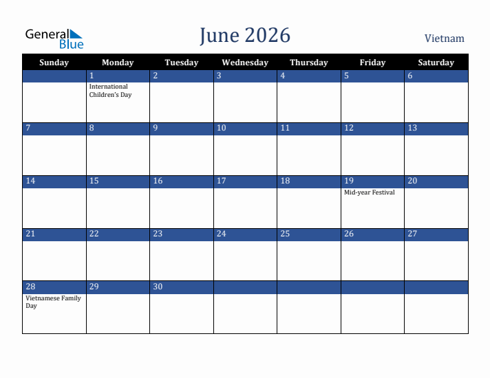 June 2026 Vietnam Calendar (Sunday Start)
