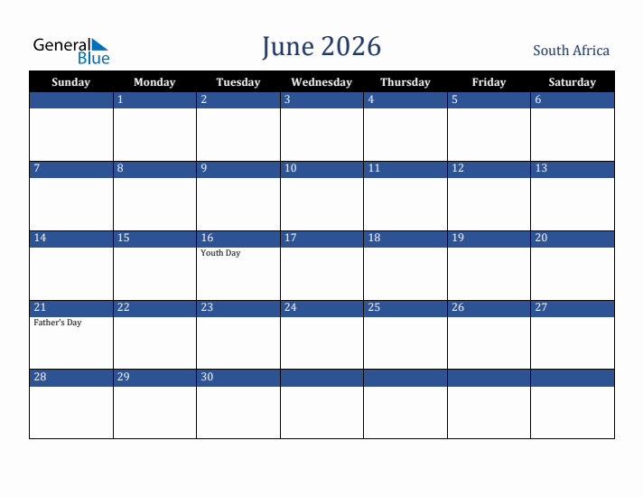 June 2026 South Africa Calendar (Sunday Start)
