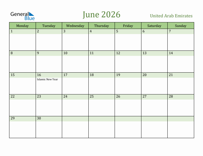 June 2026 Calendar with United Arab Emirates Holidays