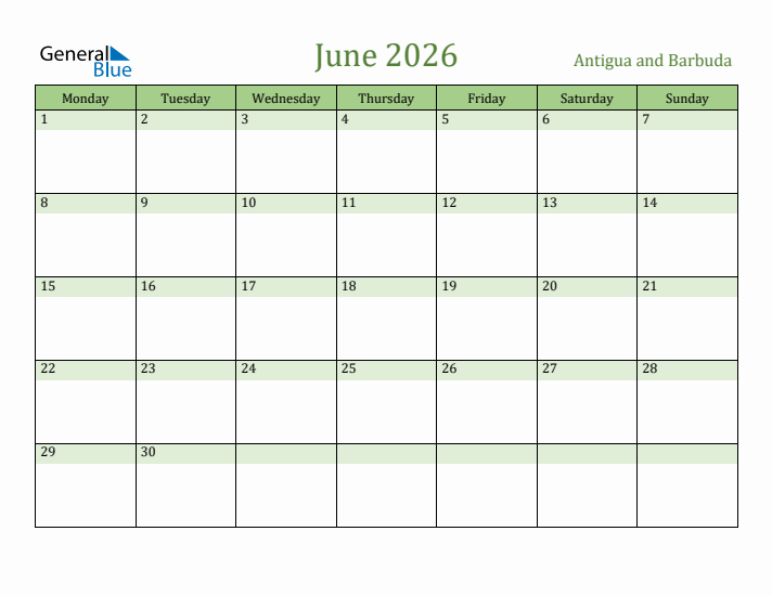 June 2026 Calendar with Antigua and Barbuda Holidays