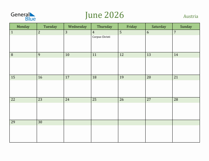 June 2026 Calendar with Austria Holidays