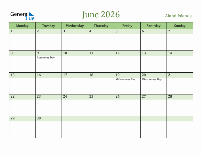 June 2026 Calendar with Aland Islands Holidays