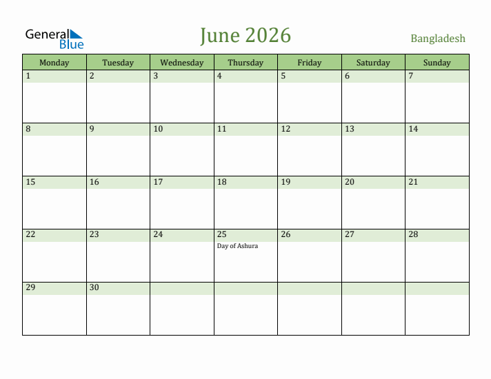 June 2026 Calendar with Bangladesh Holidays