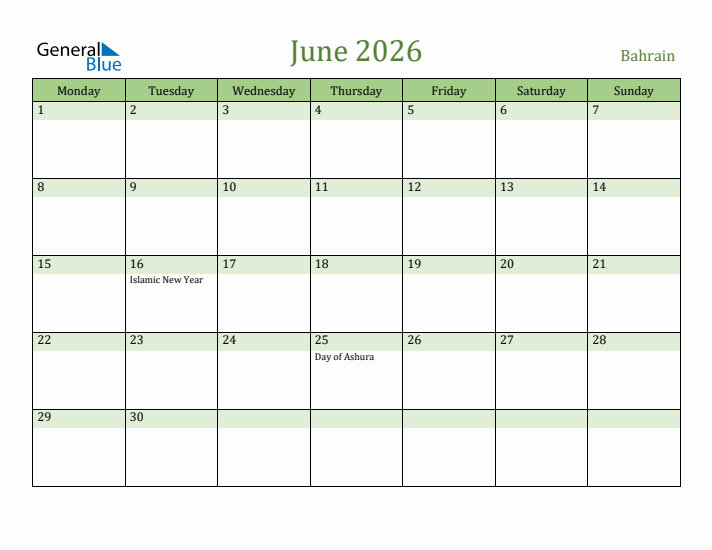 June 2026 Calendar with Bahrain Holidays