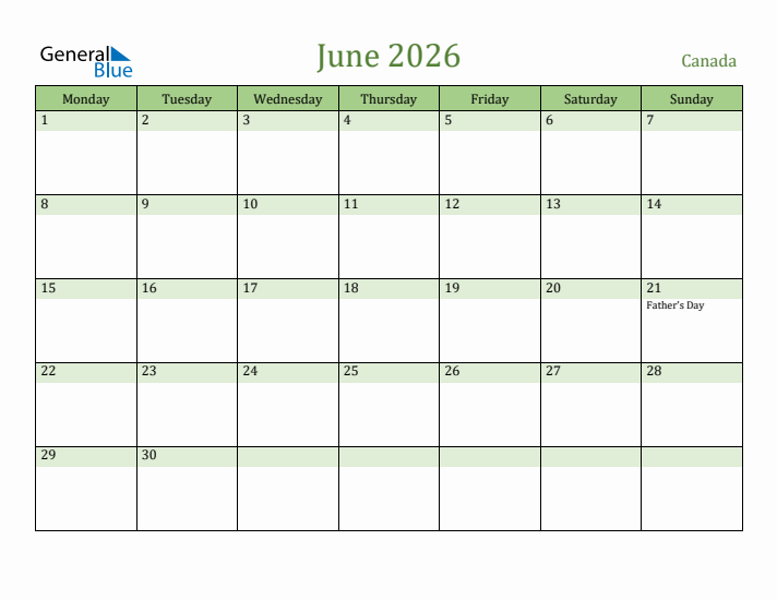 June 2026 Calendar with Canada Holidays