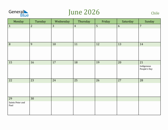 June 2026 Calendar with Chile Holidays