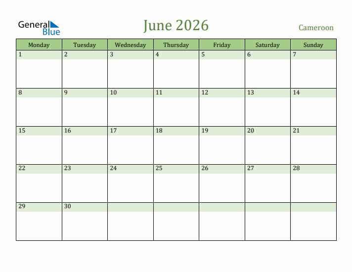 June 2026 Calendar with Cameroon Holidays