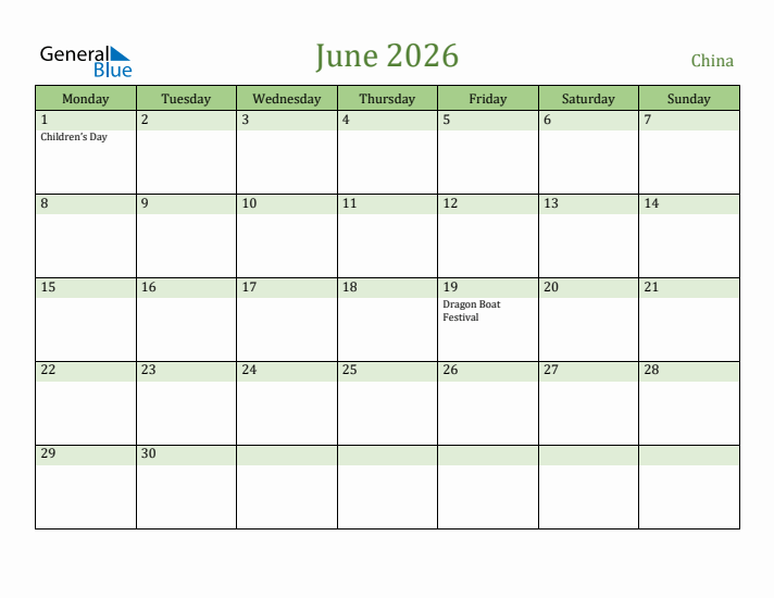 June 2026 Calendar with China Holidays