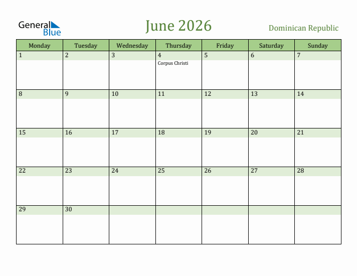 June 2026 Calendar with Dominican Republic Holidays