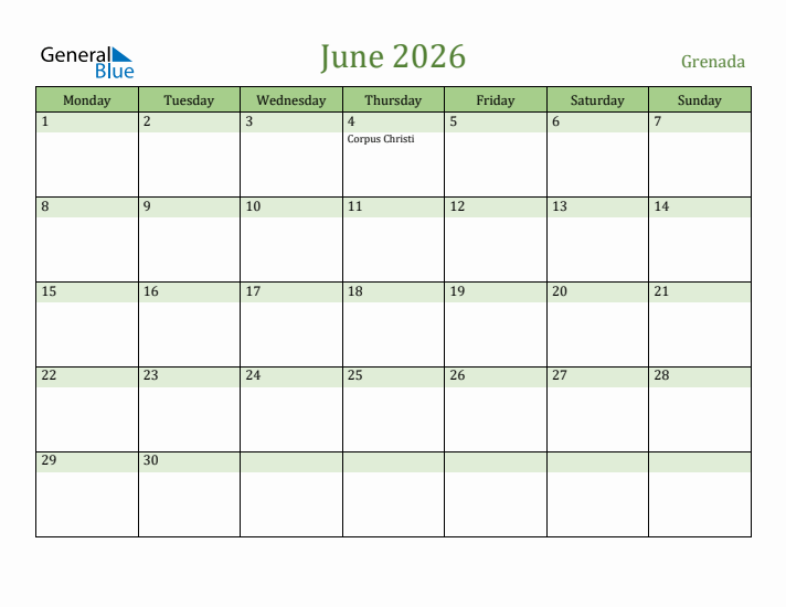 June 2026 Calendar with Grenada Holidays