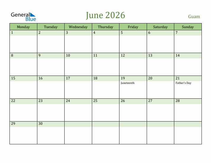 June 2026 Calendar with Guam Holidays
