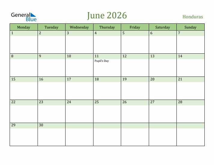 June 2026 Calendar with Honduras Holidays