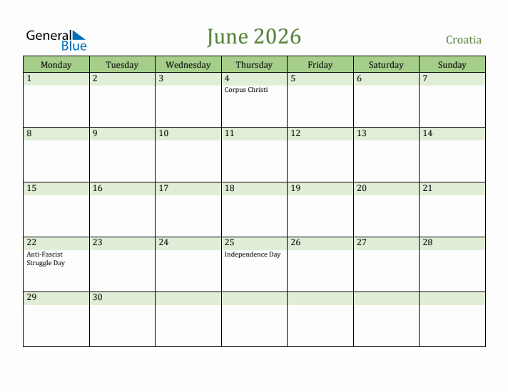 June 2026 Calendar with Croatia Holidays