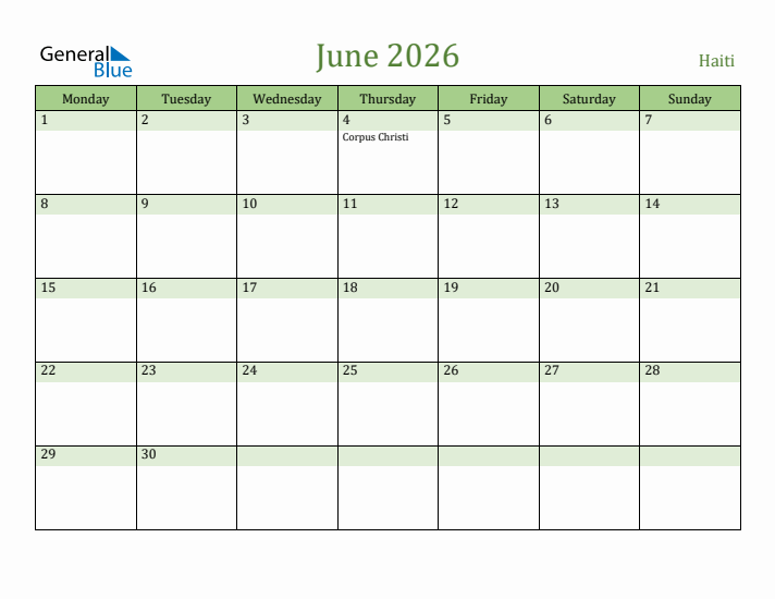 June 2026 Calendar with Haiti Holidays