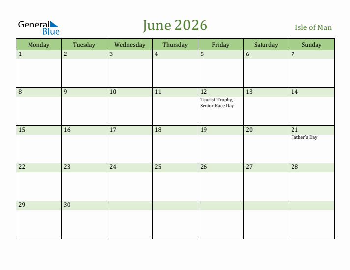 June 2026 Calendar with Isle of Man Holidays