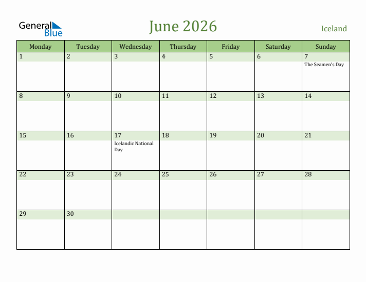 June 2026 Calendar with Iceland Holidays
