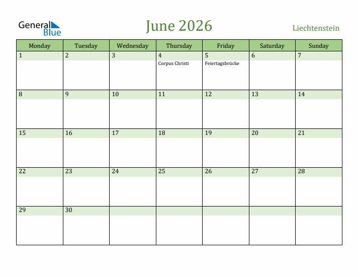 June 2026 Calendar with Liechtenstein Holidays