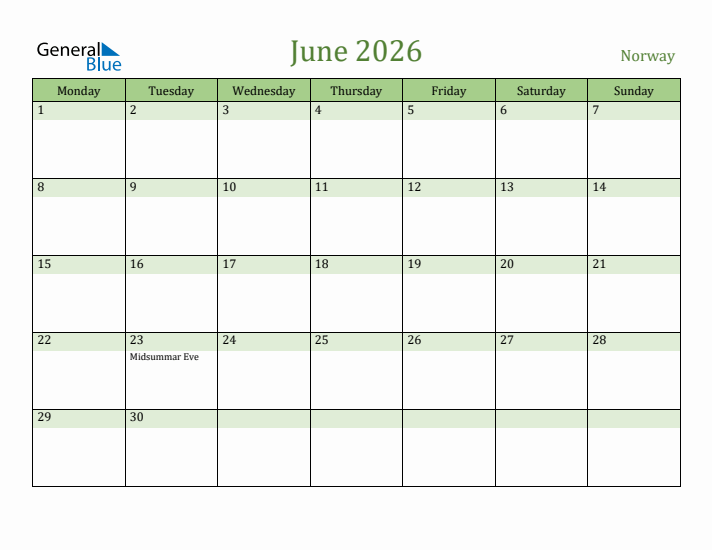June 2026 Calendar with Norway Holidays